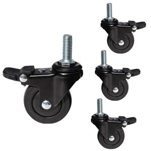 Mini Swivel Caster Wheels,1inch Threaded Stem Casters,Stem M6x15mm,Ball Bearing Silent TPE Rubber Caster Wheels,with Brake and Screws for Furniture Trolley and Shelves, Set of 4
