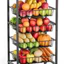 Venkuber Snack Cart, 5Tier Kitchen Carts on Wheels with Storage,Fruit Basket Stand with PullOut Baskets and Wood Top,Kitchen Organizer for Fruit Vegetable Snack (Black)