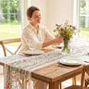 Haull Spring Floral Table Runner Embroidered Daisy Wildflowers Tulle Tablecloth 4.27x5.97ft Sheer Gauze Table Cover with Lavender Eucalyptus Leaves for Spring Easter Mother's Day Wedding Party Decor