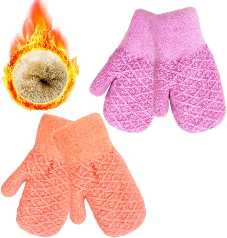 2 Pairs Kids Winter Mittens Warm Thermal Thick Fleece Knitted Snow Gloves for Girls Boys Cold Weather 3-7 Years (Purple+pink)