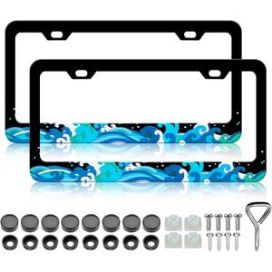 LIN KANG Blue Ocean Waves License Plate Frames - 2 Pack Traditional Waves Aluminum Metal License Plate Holder Covers,Rust-Proof Waterproof Car Decorative Tag Frames for Standard US 12x6 Inch