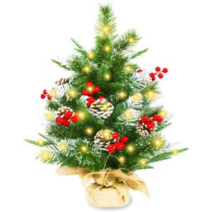 Small Christmas Tree with Lights 22 inch | Mini Xmas Tree with 50 Lights (8 Modes) 53 Tips 6 Berries 6 Pinecones | Tabletop Tree with Burlap Wooden Base | Nice for Bedroom Bathroom Window