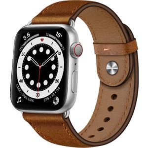 OUHENG Leather Bands Compatible with Apple Watch Band 49mm/46mm/45mm/44mm/42mm, Genuine Leather Strap for iWatch Ultra 3/2/1 & SE 3/2/1 Series 11 10 9 8 7 6 5 4 3 2 1 (Retro Brown/Silver)