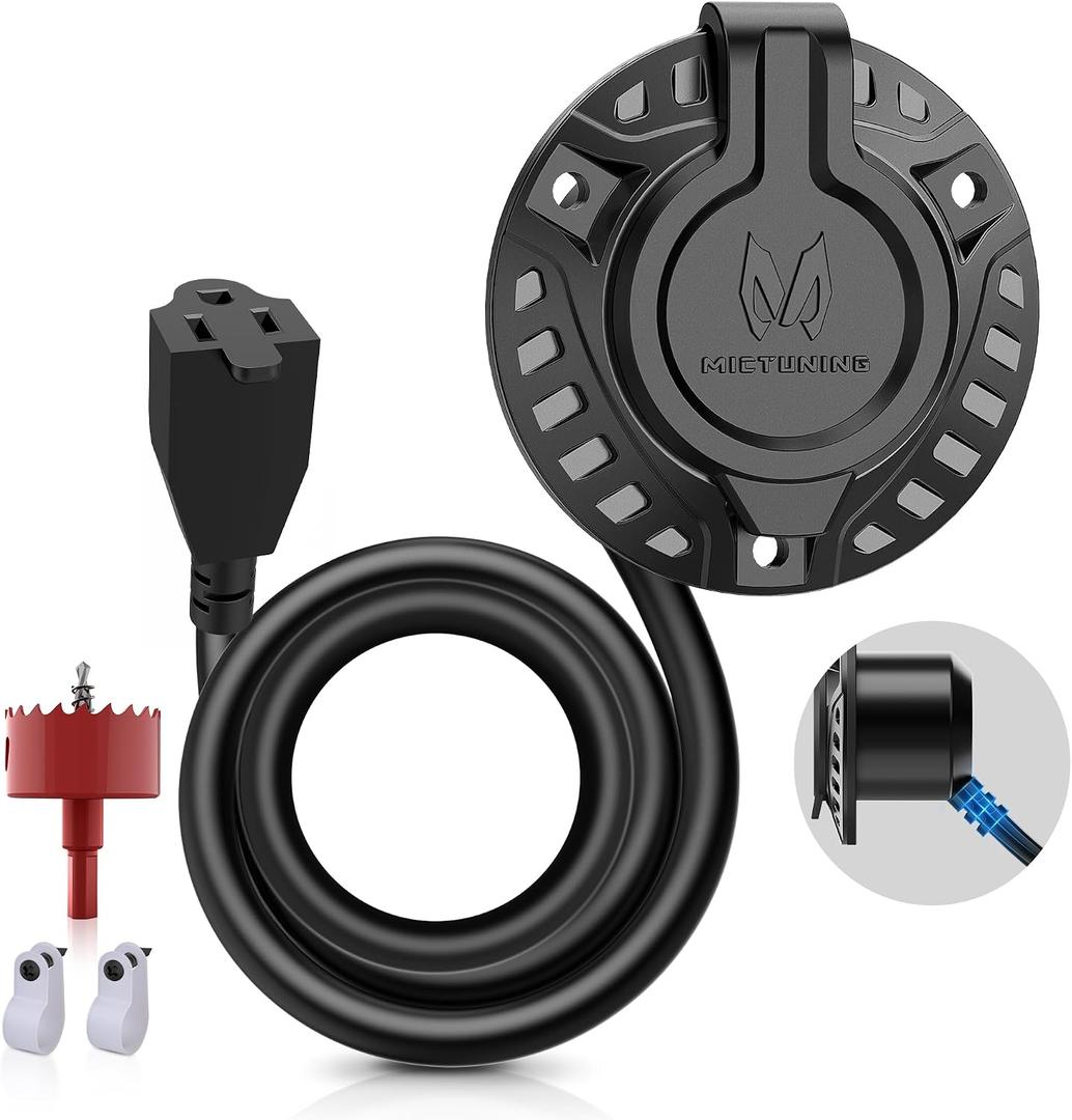 MICTUNING 15A 125V AC Port Plug, 18'' Extension Cord with Power Inlet Socket-Low Port Outlet, Heavy-Duty RV Shore Waterproof Outdoor Electrical Receptacle, with Hole Saw