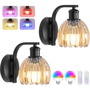 VerRon Rechargeable Battery Operated Wall Sconce Set of Two with Amber Glass Lampshade, Wireless Wall Scone Decor with Remote Control, 15 Colors Black Wall Light for Bedside Hallway Bedroom Doorway (2-Pack)