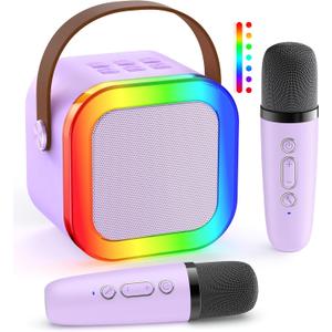 Mini Karaoke Machine: Mini Karaoke Machine with 2 Wireless Karaoke Microphones and Light for Family Home Party - Portable Singing Karaoke Speaker - Stage-subwoofers (Purple)