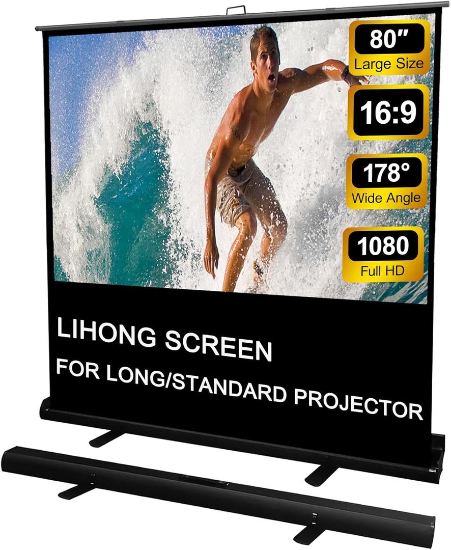 LIHONG Screen 80 inch 16:9 Manual Floor Rising Pull Up Projector Screen Portable Indoor & Outdoor 4K HD Matte White for Long Standard Projection Fast Setup for Home Theater Movies,Classroom,Office