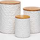 Engraved Design Kitchen Canisters Set of 2 with 74 Oz, 36 Oz- White Storage Jars for Countertop with Airtight Bamboo Lids - Large Flour Tea Coffee Sugar Spices Container - Decorative