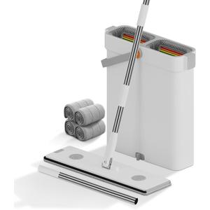 O-MART Mop and Bucket Set- Includes Wringer & 4 Washable Microfiber Pads, Flat Mop for Wet and Dry Use on All Floor Types, Wall & Windows Cleaning