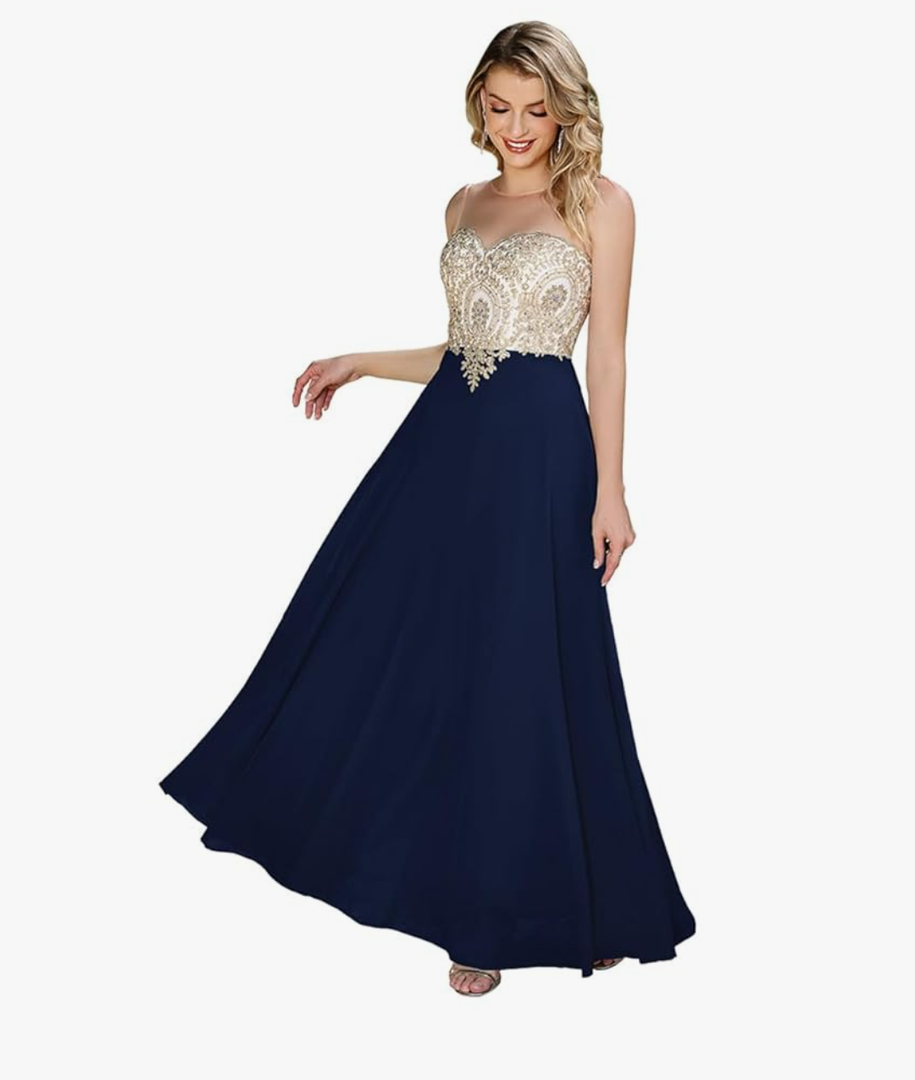 MisShow Women's Lace Applique Prom Dresses with Diamond Sheer Neck Long Chiffon Formal Evening Gowns, L