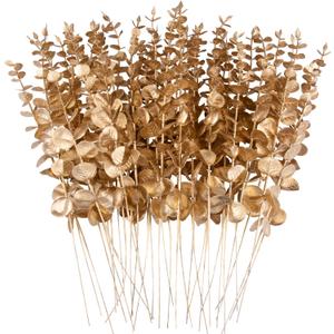 FEQO 36 Pcs Gold Eucalyptus Stems Artificial Leaves Faux Eucalyptus Stems Branches 15 inch for Wedding Bouquet Home Decor