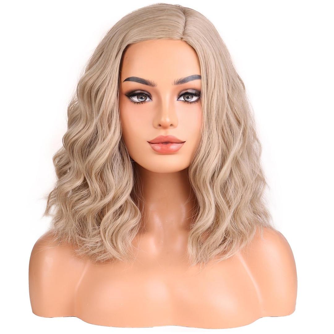 MAGQOO Ash Blonde Wigs for Women Short Curly Wavy Ash Blond Bob Wig Side Part Synthetic Halloween Cosplay Costume Party Wigs