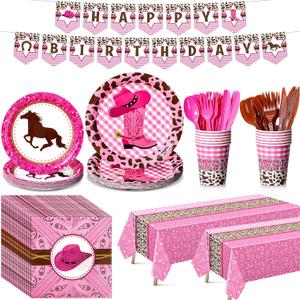 Gejoy 171 Pcs Western Cowgirl Birthday Party Tableware Supplies for 24 Guests Cowgirl Plates Napkins Birthday Banners Tablecloths Cups Knives Forks and Spoons for Party Decoration