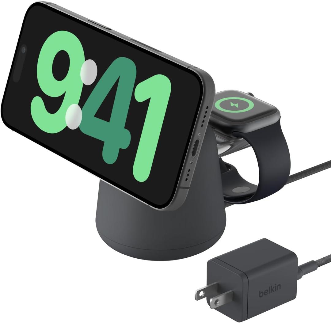Belkin 2-in-1 MagSafe Wireless Charging Dock 15W Fast Charge iPhone Charger Compatible with iPhone 16, 15, 14, and 13 Series, AirPods, and Other MagSafe Enabled Devices, Includes Power Supply - Black 