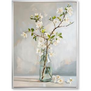 daktenn Floral Canvas Wall Art Bathroom Wall Art Pictures Wall Decor Home Decor Wall Decor for Bedroom Livingroom (Silver Framed, 18" x 24")