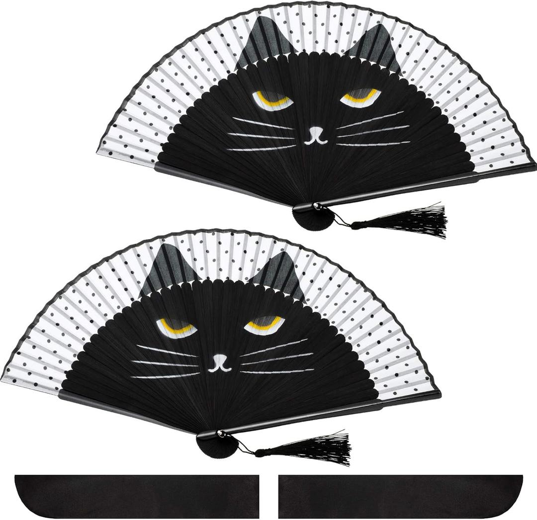 2 Pieces Cartoon Cat Hand Fans Folding Hand Held Fan Women Black Cat Silk Foldable Fan with Store Bag for Wedding Dancing Party Church Gifts Home Decoration(4)