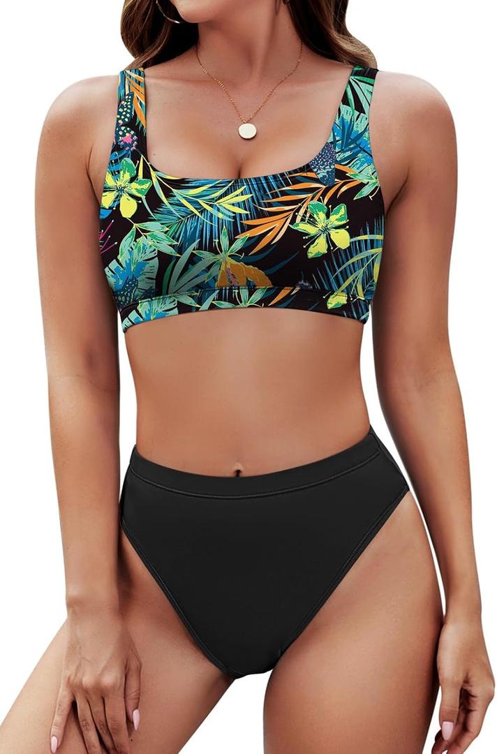 Pink Queen Women's Crop Top High Waisted Cheeky Bikini Set Two Piece Swimsuits (Medium, 02 - Floral Black)