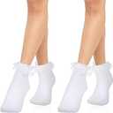 2 Pairs White Frilly Lace Socks With Bows for Women and Girls - Super Soft Anklet Socks for School