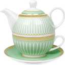 fanquare Tea for One with Gold Trim, Green Teapot Set for Adults, Ceramic Coffee Cup with Saucer, Classic Stripes