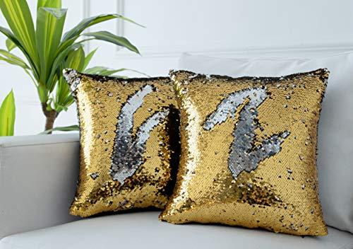 LIGICKY Magic Reversible Glitzy Sequin Throw Pillow Covers Sparkling Decorative Square Cushion Cover Pillow Cases for Home Christmas Wedding Party Decor, Set of 2 (16 x 16 Inches, Gold & Silver)