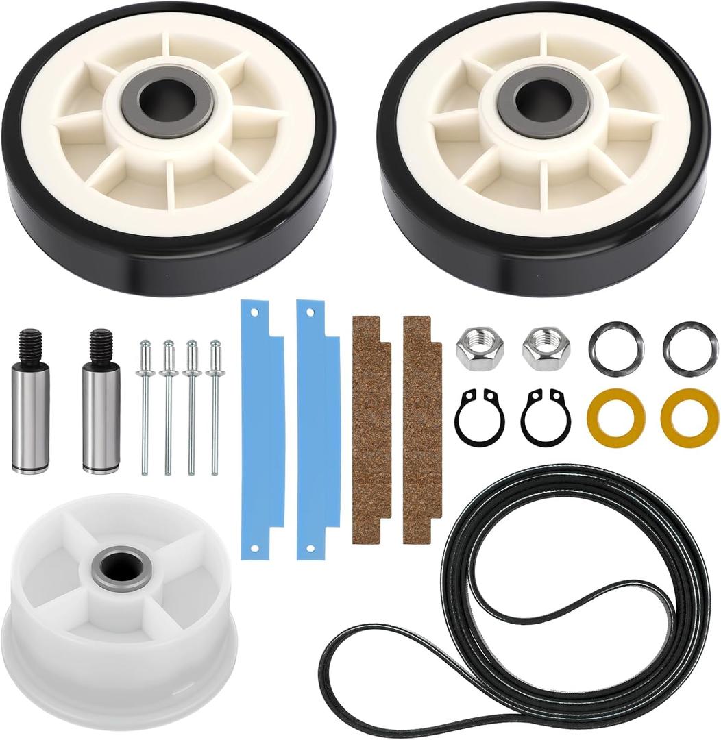 12001541 303373K Dryer Drum Roller & WP33002535 Belt & 306508 Tumbler Bearing & 6-3700340 Idler Pulley Kit for Maytag Neptun Atlantis MDE6000AYW MDE5500AYW MDE9206AYW MDE9706AYW MDE4000AYW