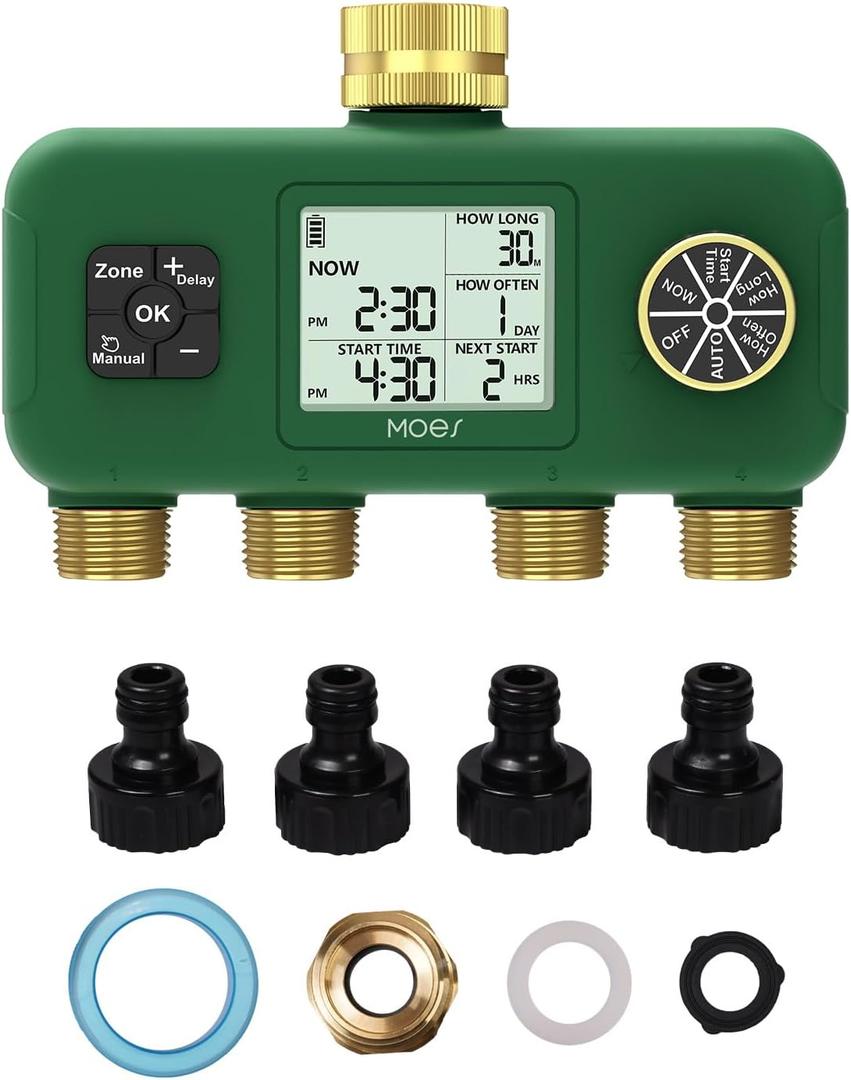 MOES 4 Zone Water Timer for Garden Hose, Heavy Duty Solid Brass Inlet & Outlets, Programmable Sprinkler Timer Battery Operated, 4 Way Faucet Valve with Sequential Watering (Non-WiFi)