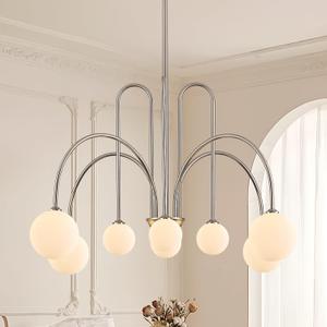 Nickel Sputnik Chandelier with Milk Glass Globe 8 Lights L41 Inch, Large- 41”