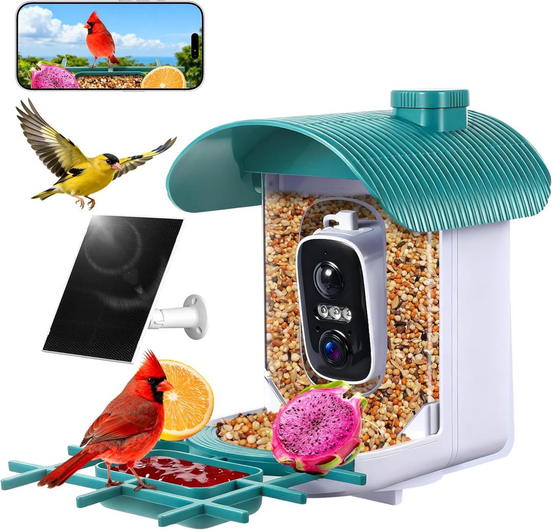 Bird Feeder with Camera : Ultra HD Live Video, AI Birds Species Identification Smart Bird House Camera with Solar Powered, Instant Notifications,Weatherproof for Outdoors - Gifts for Women Man (Green)