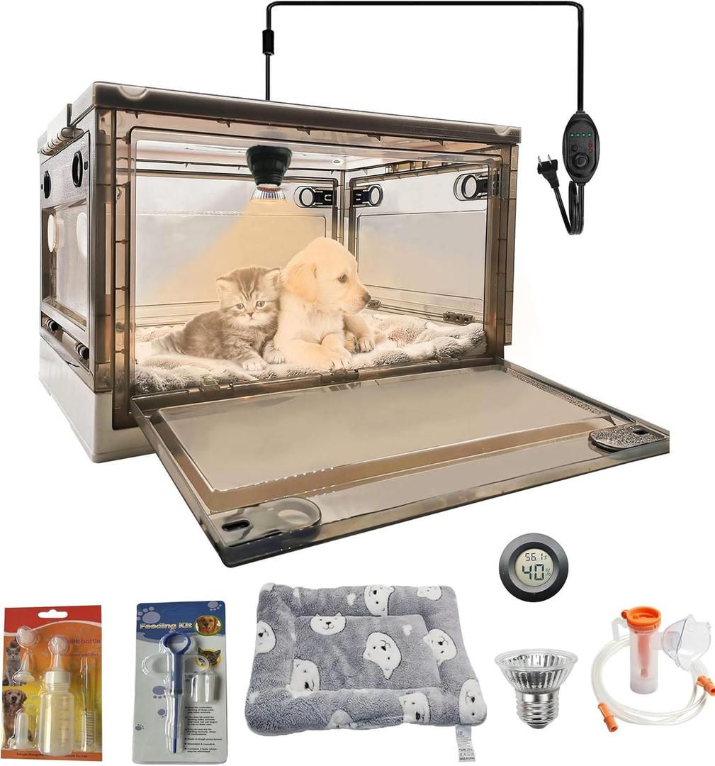 Incubator for Puppies with Heating Large Brooder Nursery Kitten Incubator for Puppies with Pet Bed Mat,Pet Medicine Feeder,Temperature Detection and Nebulization Kit 55L (Brown)