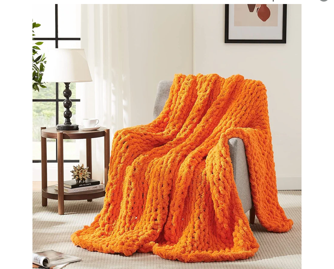 L'AGRATY Chunky Knit Blanket Throw: 50''x60'' Chenille Chunky Knitted Throw Blanket for Bed Couch - Handmade Thick Big Cable Knit Blanket - Large Chunky Crochet Rope Blanket for Home Decor(Orange)
