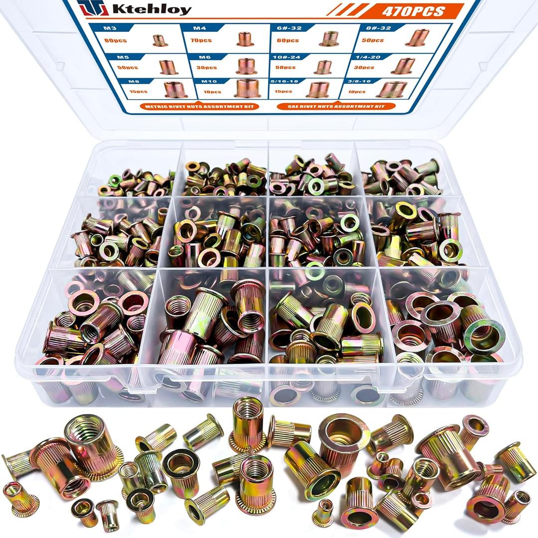 Rivet Nut Kit, 470Pcs SAE & Metric UNC Rivet Nut, Zinc Plated Carbon Steel Rivnut Threaded Inserts Assortment Set Nutserts, Sizes 6-32 8-32 10-24 1/4"-20 5/16"-18 3/8"-16 M3 M4 M5 M6 M8 M10