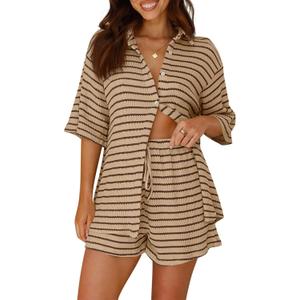 Striped Sets Women 2 Piece Outfits Button Down Shirt and Shorts Waffle Knit Lounge Set Matching Pajamas (Medium, Khaki)