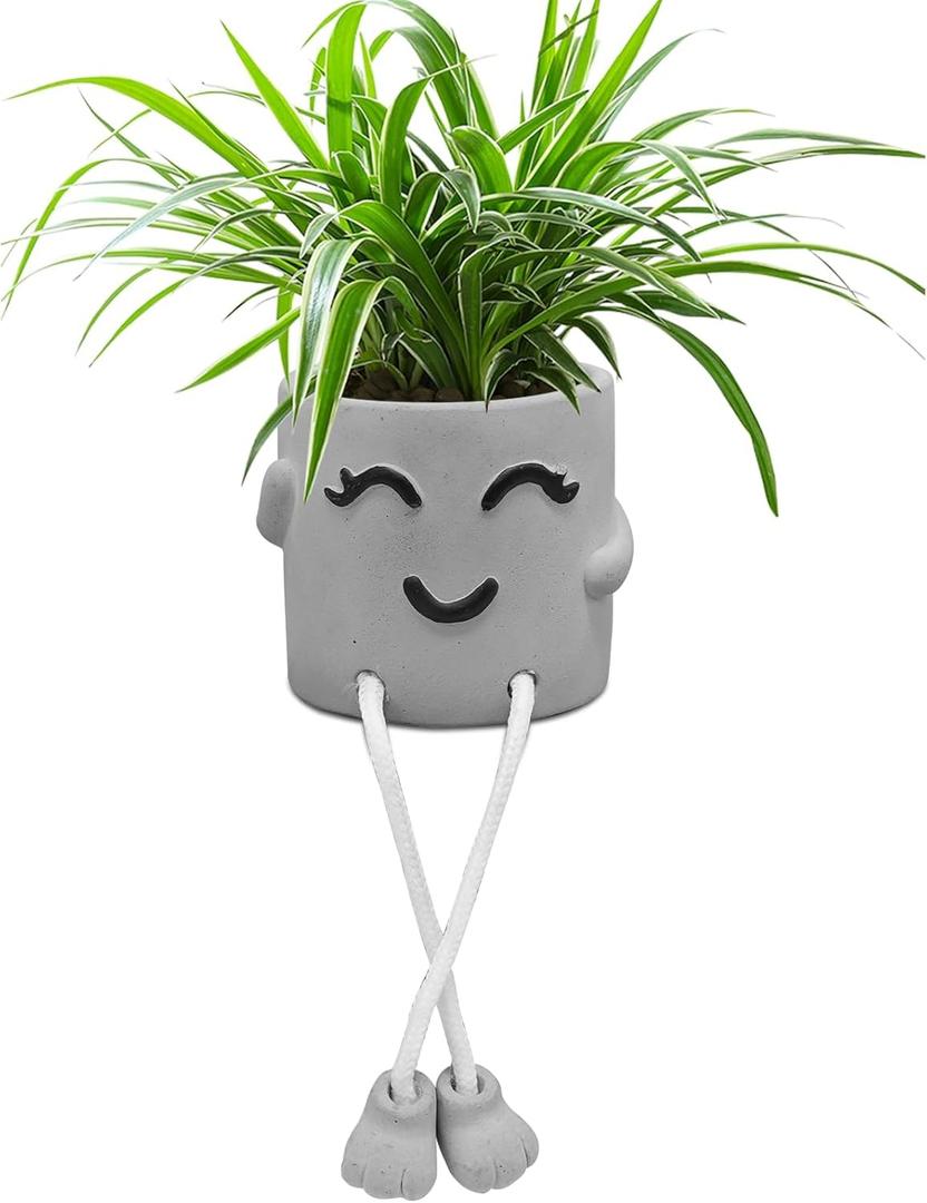 Uguisu 1 Piece Gray Cute Smiley Cement Planter, Small Plant Pot, Indoor Succulent Pot, Fun Planter with Hanging Feet for Living Room, Office, Desk and Bathroom Shelf Decor (Plants Not Included).