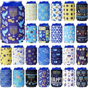 24 Pcs Hanukkah Party Favors Hanukkah Beer Can Coolers Sleeves Bulk Collapsible Drink Insulator Sleeve Neoprene Menorah Dreidel Themed Beverage Cooler for Party Favors
