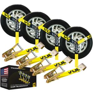 VULCAN Car Tie Down with Flat Hooks - Lasso Style - 2 Inch x 96 Inch - 4 Pack - Classic Yellow - 3,300 Pound Safe Working Load