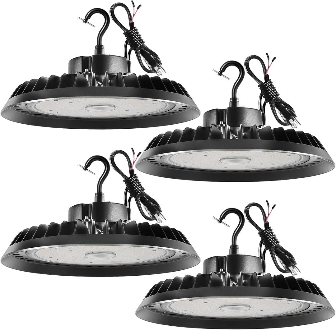 UFO Led High Bay Light 150W 2250lm 5000K 1-10V Dimmable High Bay Led Shop Lights ETL Listed US Hook 5' Cable Led High Bay Lights Alternative to 650W MH/HPS for Shop Warehouse Gym 4PACK