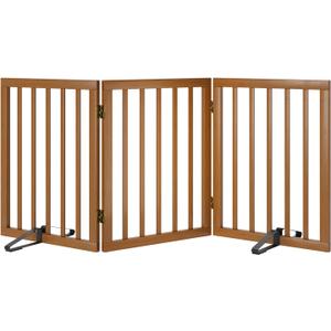 Freestanding Pet Gate Foldable Dog Gate (55 inches Wide) Walnut Bamboo Dog Gates for Stairs Doorways House (2 Support Feet Included) (3 Panel - 55 inches Wide)