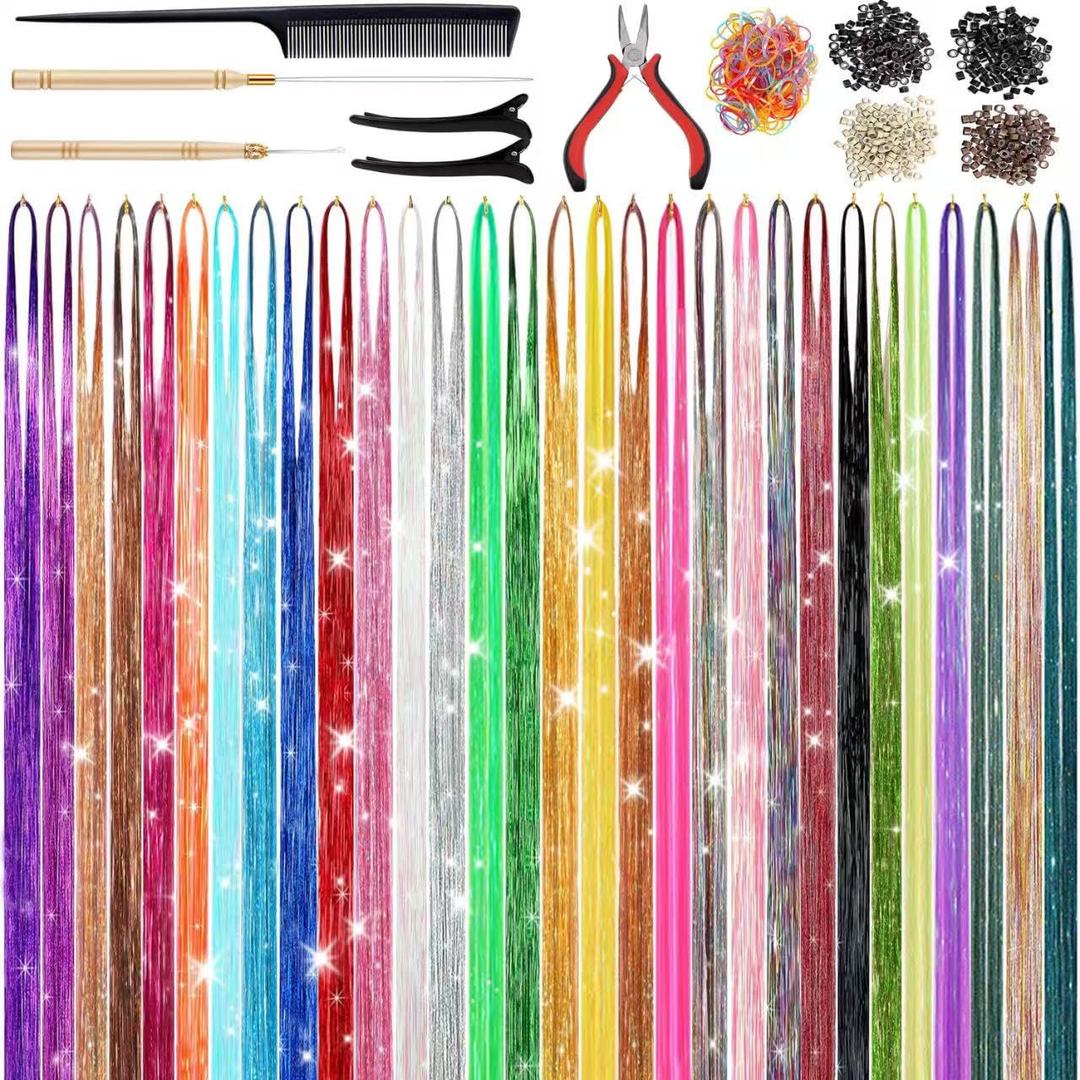 30 Colors 9900 Strands Hair Tinsel Kit, 48 Inch Glitter Tinsel Hair Extensions for July Fourth Christmas New Year Halloween Cosplay, Heat Resistant Fairy Hair Accessories for Girls, Kids, Women