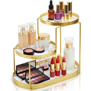 3 Tier Bathroom Countertop Organizer, Makeup Organizer for Vanity with Marble Tray, Multifunctional Cosmetic Storage Shelf, Perfume Display Tray for Dresser, Skincare, Bedroom, Kitchen Corner