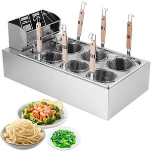 JIAWANSHUN Commercial Pasta Cooker with 6 Noodle Baskets, 50-250 Temperature Adjustable, 110V Electric Noodles Cooking Machine for Restaurant, Stainless Steel Dumpling & Ramen Cooker