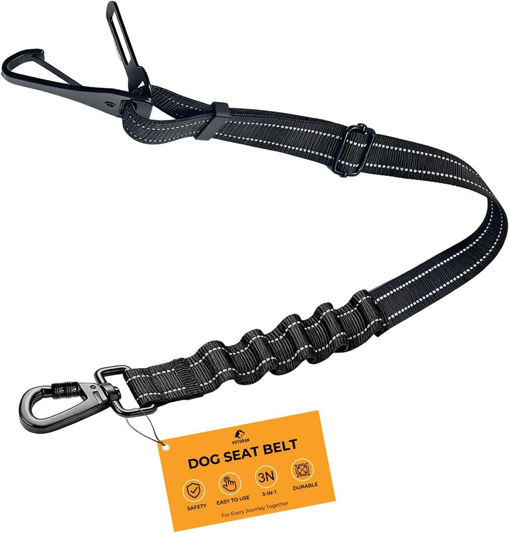 Dog Car Seat Belt, 3-in-1 Adjustable Dog Seatbelt for Car, Black | Escape Proof Pet Safety Belt with Shock Absorbing Bungee, Heavy Duty Nylon Dog Travel Harness for Small Medium Large Dogs, Size: 21.6"-32"
