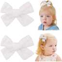 Jollybows 2pcs 3.2" Hair Bows Clips for Baby Girl Toddler Pigtail Neutral Linen Hair Clip Bows -White Eyelet
