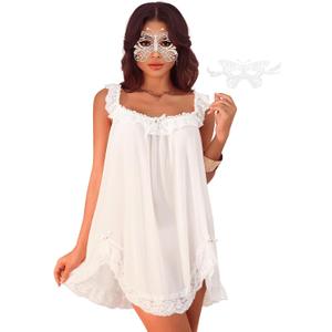 Sexy Bows Split Side Ruffle Lace Mesh Sheer Babydoll Lingerie Dress Set with Thong+Lace Eye Mask 3 Piece (Medium, White)