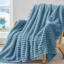BEDELITE Fleece Throw Blanket for Couch - 300GSM Soft & Warm Fluffy Light Blue Blanket, Decorative and Giftable Striped Blankets for Women, Men, 50"x60"