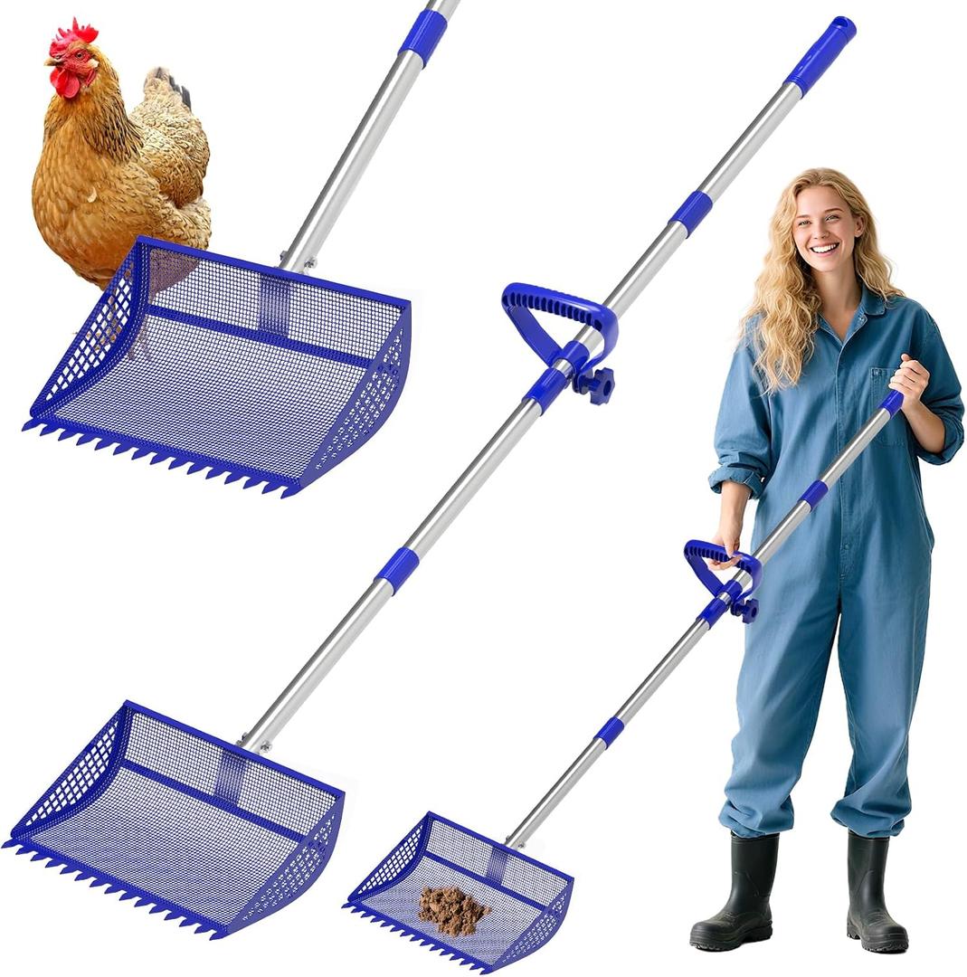 Chicken Poop Scooper & Rake 2-in-1,304 Stainless Steel Shovel Head, Chicken Litter Scoop with Handle for Chicken Coop & Pet Waste Cleaning, Litter Sifting Shovel (35 to 65") (Blue, 12inch)