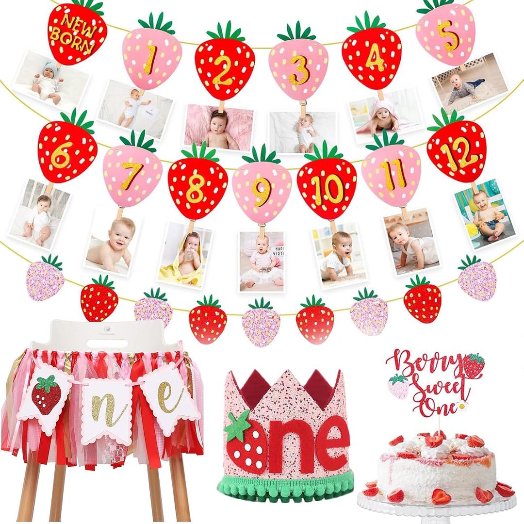 Oudain 6 Pcs Strawberry First Birthday Party Decoration Berry 1st Monthly Photo Banner and Strawberry High Chair Banner and Birthday Hat and Cake Topper for Baby Shower Souvenir 12 Months Kids Gifts