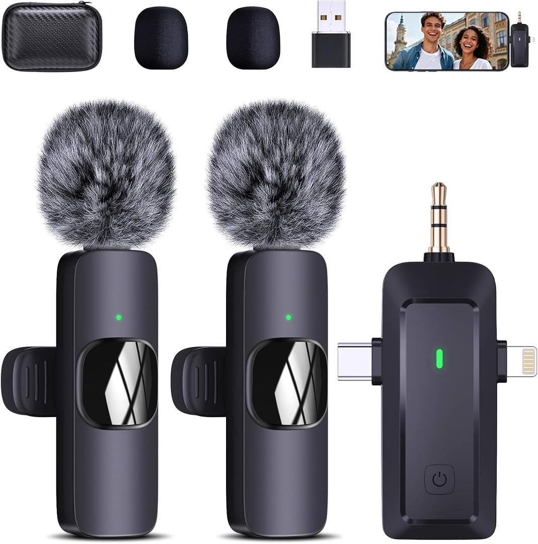 Wireless Lavalier Microphone for iPhone/Android Phones/Cameras/Computers - A 4-in-1 Portable lavalier Microphone Suitable for Video Recording, Audio Recording, vlogging, TikTok, etc., in Black