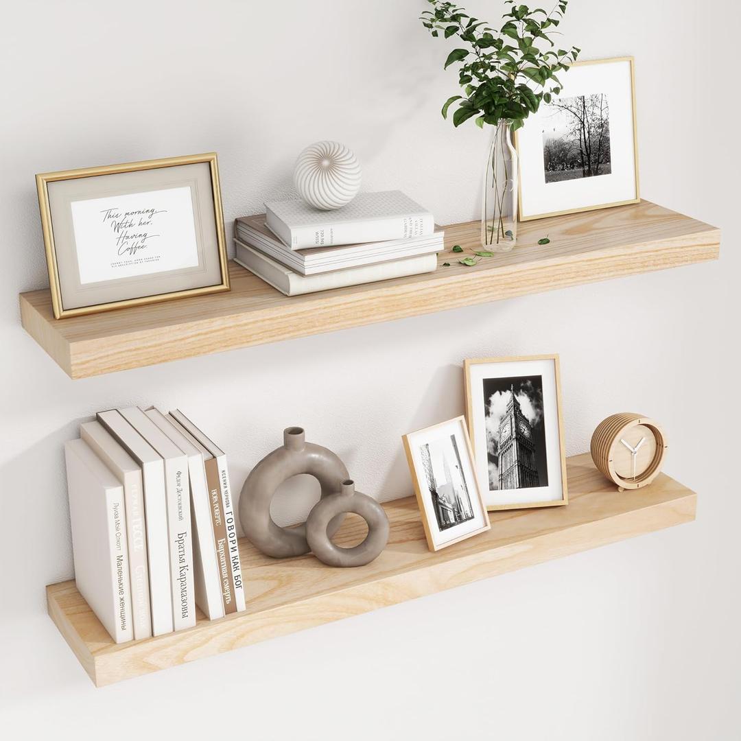 fuqing Natural Wood Floating Shelves, 36 Inch Wood Floating Shelves Set of 2, Natural Raw Wood Shelves for Living Room Bedroom Home Office - Natural