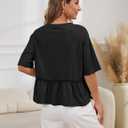 Women Summer Short Sleeve T-Shirts Oversized Dressy Casual Work Blouses Cropped Cute Ruffle Babydoll Peplum Tops (Black, L)
