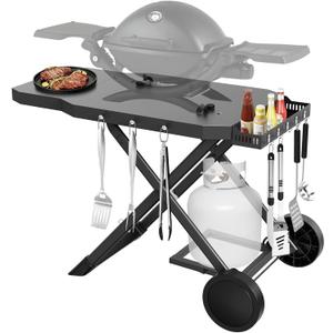 Upgraded Portable Grill Cart for Weber Q1200, Q1000, Q2200, Q2000, Q2400, Foldable Cart for Weber Q Series Gas Grills, Outdoor BBQ Stand with Propane Tank Holder for Travel and Camping